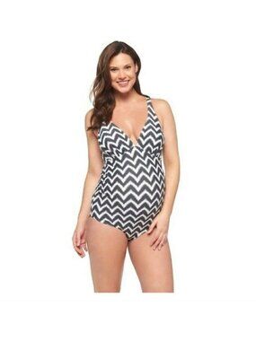 Liz Lange Maternity Swimsuit XL Black White One-Piece Cross Strap Halter Bathing